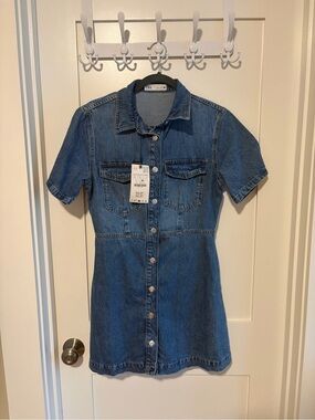 Zara Short-Sleeve Denim Button-Front Mini Dress